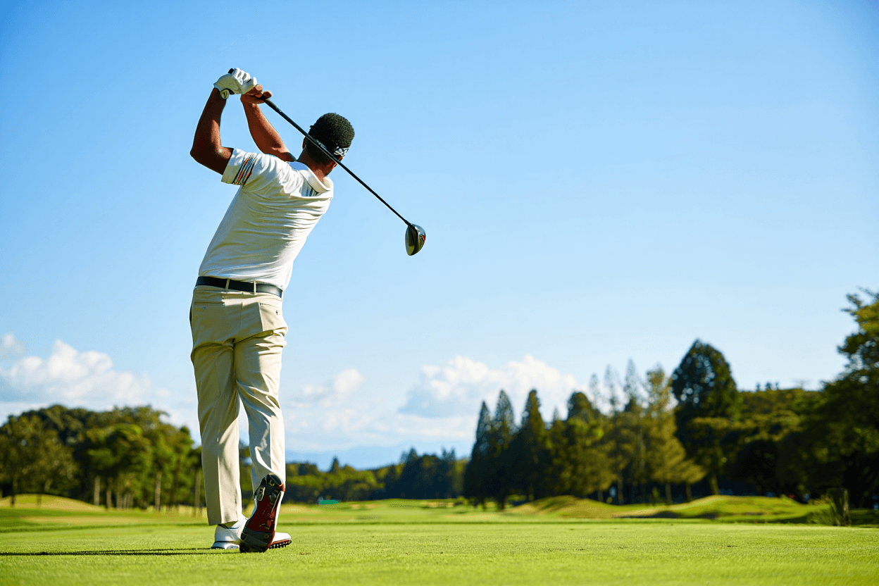 An amateur golfer in full swing